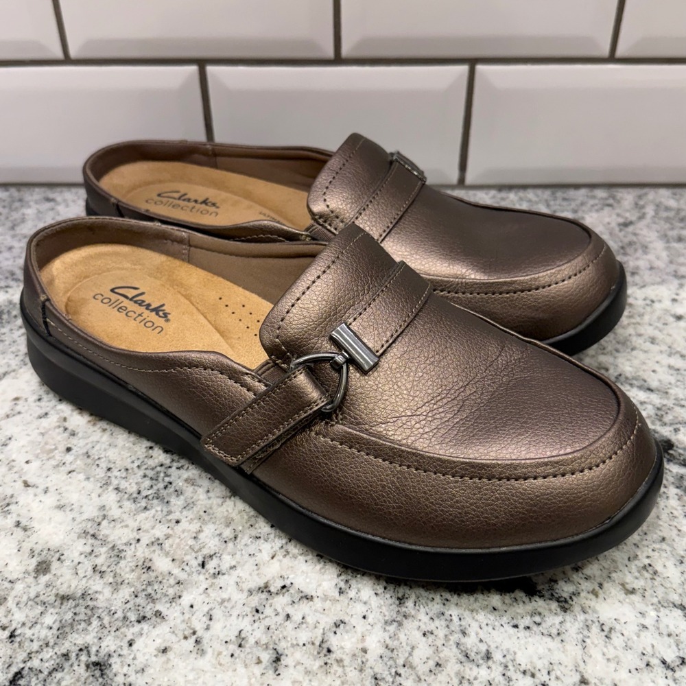 Clarks Womens 10W Mule Metallic Bronze Buckle Ultimate Comfort Loafer Clog